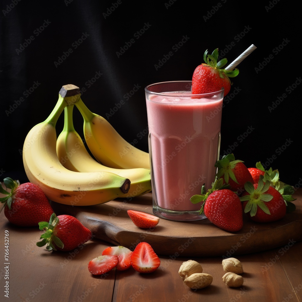 A glass of milk, fresh strawberries, and ripe bananas arranged on a table. A glass of milk, fresh strawberries, and ripe bananas arranged on a table.