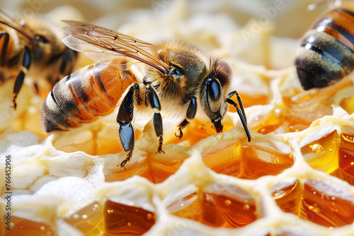 A bee crawls on a honeycomb full of honey close up. AI generative photo