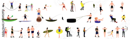 Collection of summer active people. Recreation, relaxing, playing, enjoying, hobby, outdoor sports vector illustration