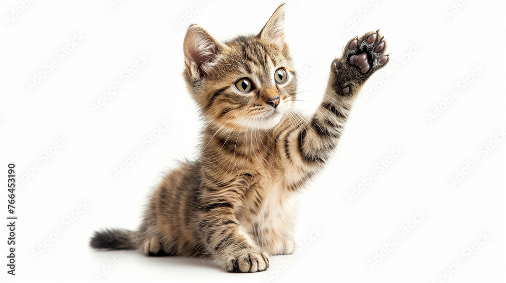 british kitten isolated on white, close up of a hand holding a cat, Cat giving high five, isolated on white, Funny ginger kitten at giving high five, isolated on white. Copy space, Ai
