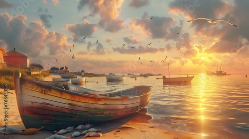 Against the backdrop of a stunning coastal sunset, a traditional fishing village comes to life, with weathered boats docked along the sandy shore. photo