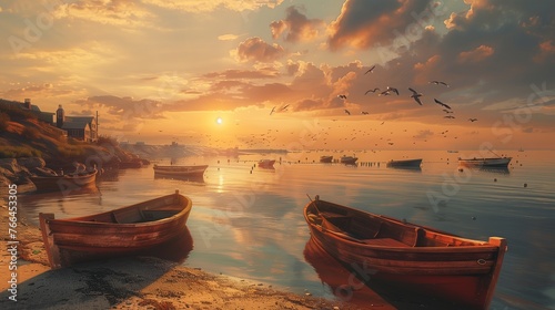 Against the backdrop of a stunning coastal sunset, a traditional fishing village comes to life, with weathered boats docked along the sandy shore.