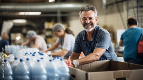 A happy Smiling Mature Male Volunteer puts donated food and water in boxes at the distribution center. Humanitarian social assistance to the poor, homeless, refugees, Donation, Charity, Volunteering.