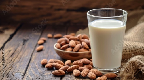 A glass of almond milk sits next to a bowl of almonds on a table.