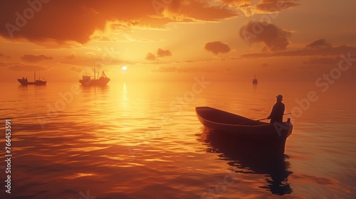 A lone fisherman stands on the deck of his weathered boat, casting his net into the glistening sea under the soft glow of the setting sun.