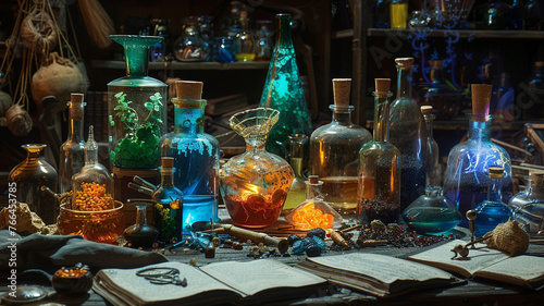 A magical workshop table cluttered with scrolls and flasks of potions in jade green, cobalt blue, ruby red, citrine yellow, and iron grey, isolated on a black background