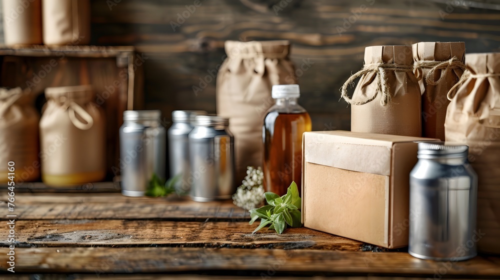A wooden table with a variety of jars and bottles, including a box of tea A wooden table with a variety of jars and bottles, including a box of tea