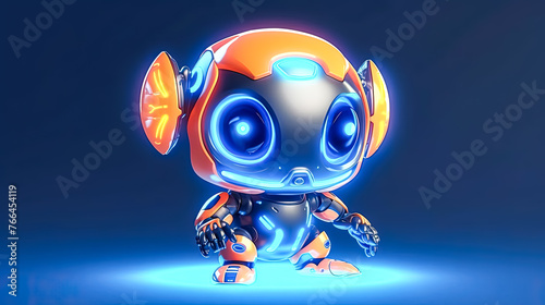 A robot with blue eyes and orange body stands on a blue background