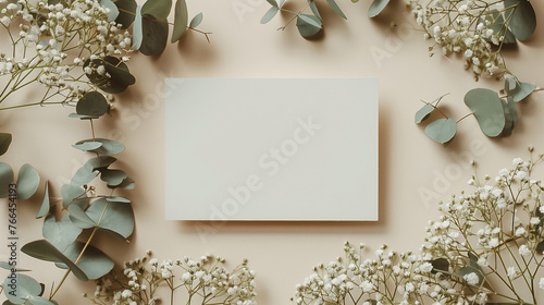 card with flowers and ribbon, Wedding invitation card mockup, Blank card mockup, mockup white blank card , Styled stock photo, mockup with blank greeting card, Vertical top view blank card, Ai © FH Multimedia