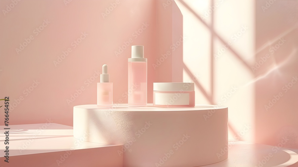 A display of three beauty products on a white pedestal A display of three beauty products on a white pedestal