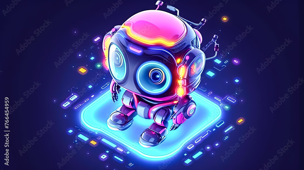 A robot is standing on a square with neon lights surrounding it