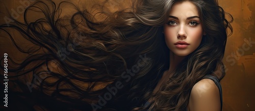 The image features a close up of a lady with lengthy hair wearing a stylish black dress photo