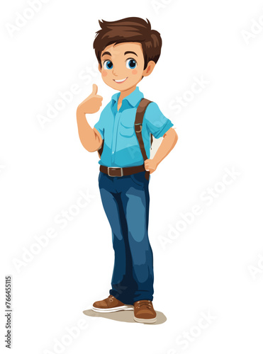 Happy boy standing on white background cartoon style.