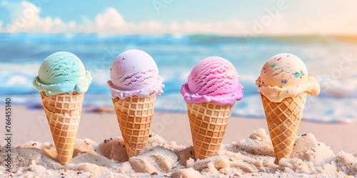 Beachside Summer Ice Cream Cones. Colorful ice cream cones melting in the sand against a backdrop of a sunny beach and blue sky.