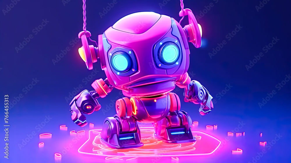 Naklejka premium A robot with blue eyes stands in front of a purple background