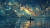 Amidst a tranquil sea, under a blanket of twinkling stars, a solitary figure rows a small boat.