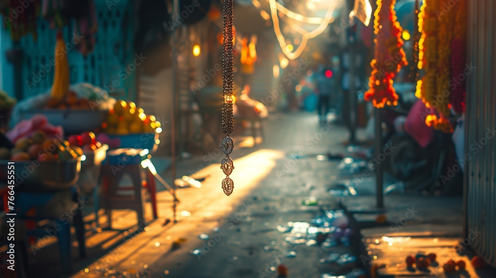 Amidst the colorful chaos of a street market, a solitary hanged ankle chain sways gently in the breeze. - obrazy, fototapety, plakaty 