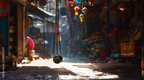 Amidst the colorful chaos of a street market, a solitary hanged ankle chain sways gently in the breeze.
