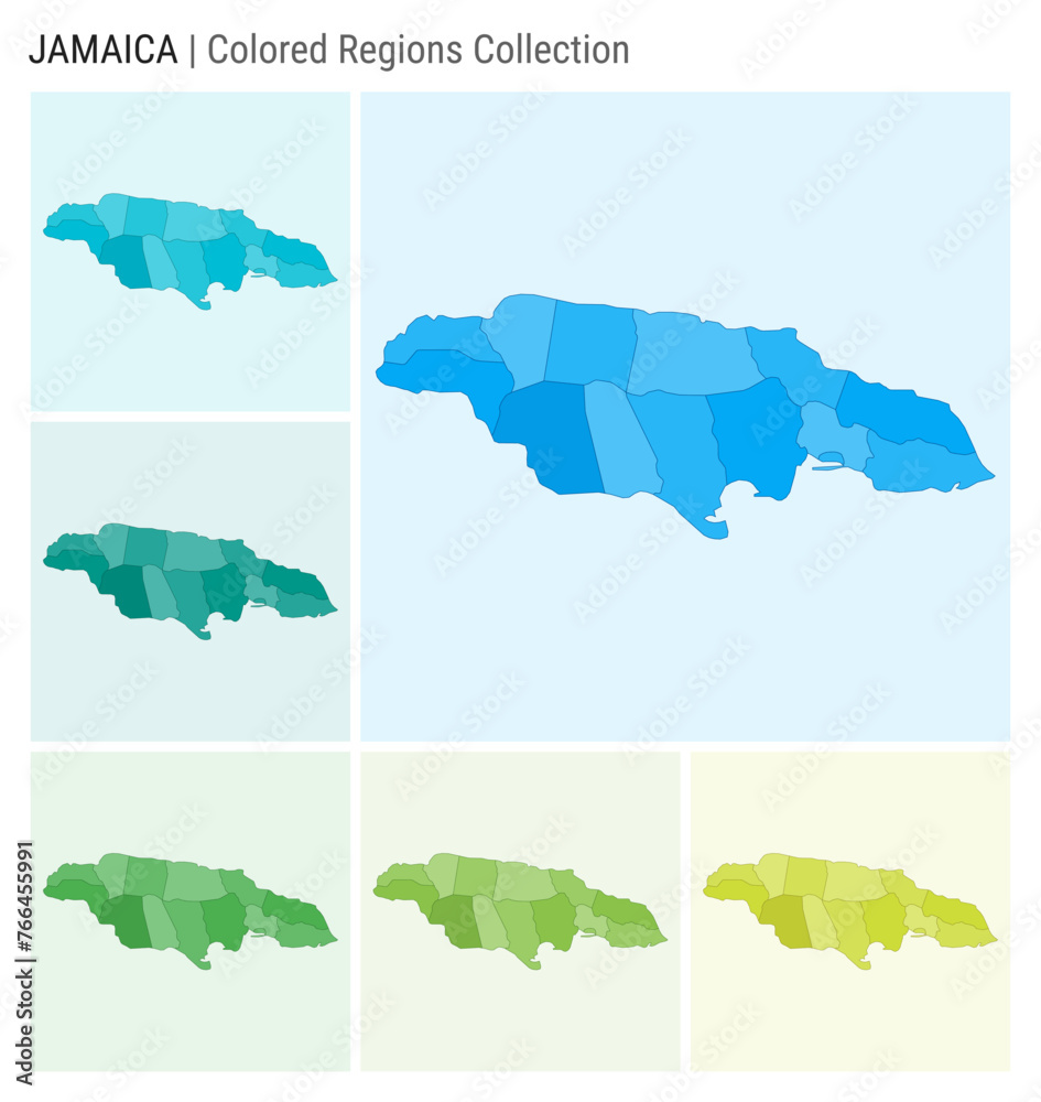 Fototapeta premium Jamaica map collection. Country shape with colored regions. Light Blue, Cyan, Teal, Green, Light Green, Lime color palettes. Border of Jamaica with provinces for your infographic. Vector illustration.