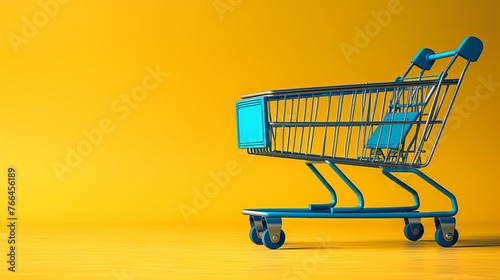 Isolated empty shopping cart on a yellow background, serving as a concept banner for online sales, depicted in a vector illustration.