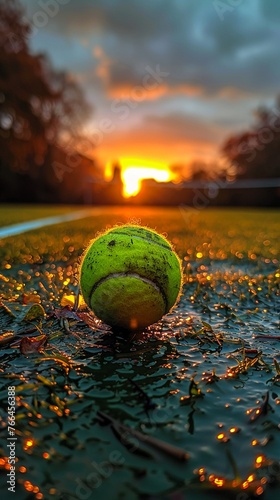 Tennis ball on a clay court at sunset photo