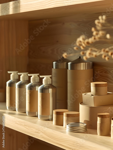 Natural Cleaning Products Beautifully Organized Wooden Shelves Showcasing Premium Natural Cosmetic and Skincare Products
