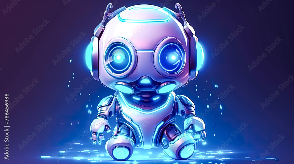 A robot with blue eyes and white body is sitting on a blue background A robot with blue eyes and white body is sitting on a blue background