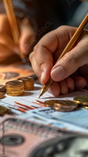 Hands drawing graphs, with money coins nearby. Concept of business finance, analysis, calculation, tracking of trends, financial planning, budgeting and strategic decision-making for stability growth.