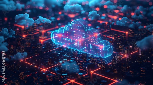 Isometric illustration depicting modern cloud technology and networking concept, representing web cloud technology business and internet data services in vector format. photo