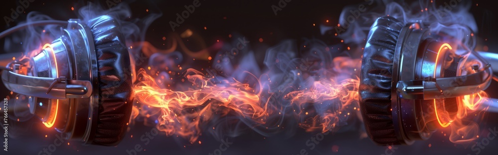 Fiery sound waves - headphones with vibrant energy flow: dynamic image of headphones surrounded by intense fiery sound waves and cool smoke