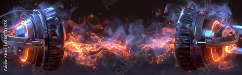 Fiery sound waves - headphones with vibrant energy flow: dynamic image of headphones surrounded by intense fiery sound waves and cool smoke