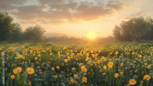 A magnificent sunset illuminating a meadow filled with blooming yellow wildflowers