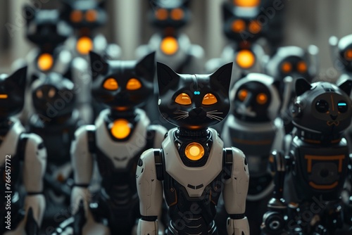 A group of robot cats with glowing eyes standing together. © Виктория Лапина