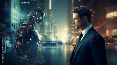 A man stands beside a robot in an urban setting.