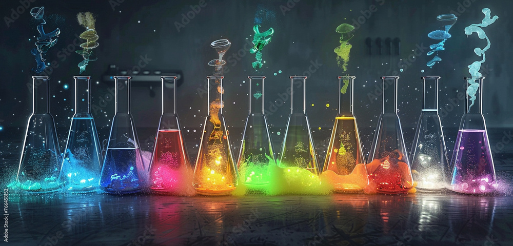 Laboratory scene with a series of flasks each containing a bubbling liquid of a different neon color, demonstrating the diversity of chemical reactions, isolated against a grey background