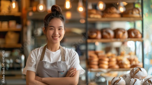 Happy Asian woman baker standing proud in her bakery
