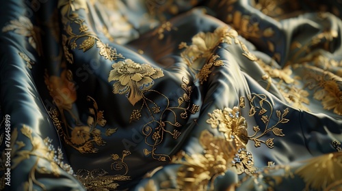 a vision of elegance where plush velvet meets sumptuous silk satin, embellished with luxurious floral designs woven in gleaming gold threads.