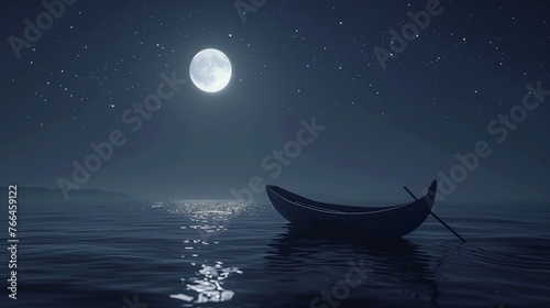 Bathed in the soft luminescence of multiple moons, a solitary boat glides effortlessly across a calm sea.