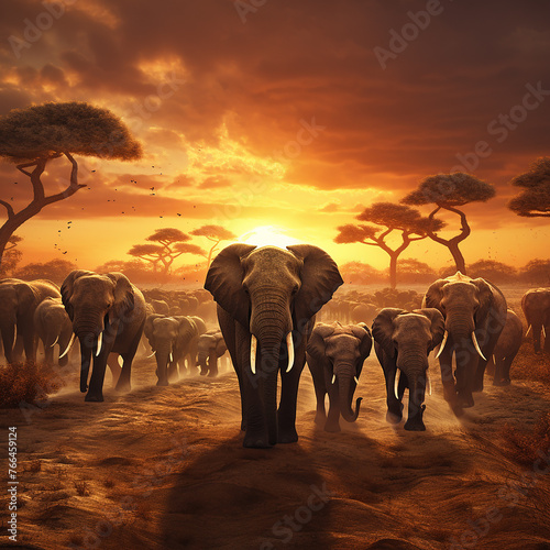 3d rendered photo of Elephant herd against the sunset