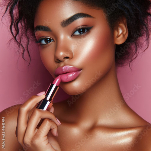 Portrait of a beautiful African American model girl with makeup, paints her lips with lipstick.