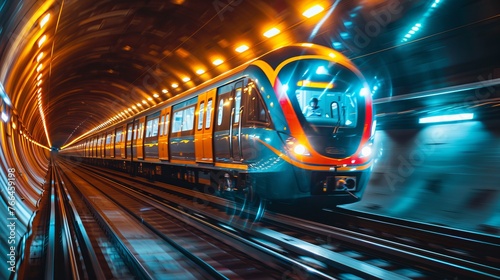 Motion blur captures the movement of a train inside a tunnel.