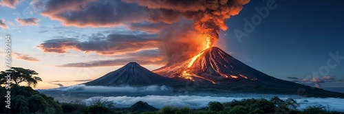 A volcano erupts, spewing lava and ash high into the air. photo