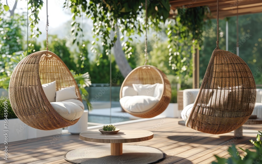 Three wicker rattan hanging chairs suspended from a wooden deck with a coffee table in the center, a cozy place for relaxation