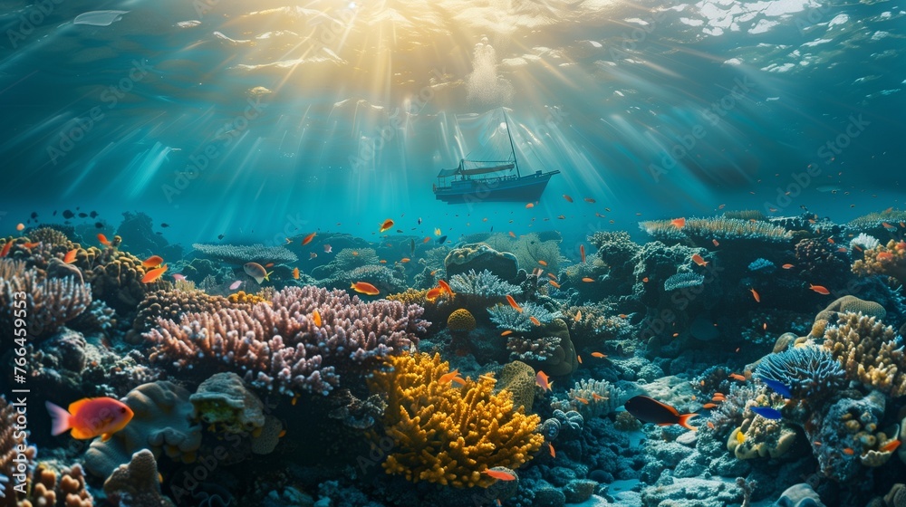 Beneath the surface of crystal-clear waters, a vibrant coral reef teems with life, providing a colorful backdrop to the silhouette of a fishing boat above.