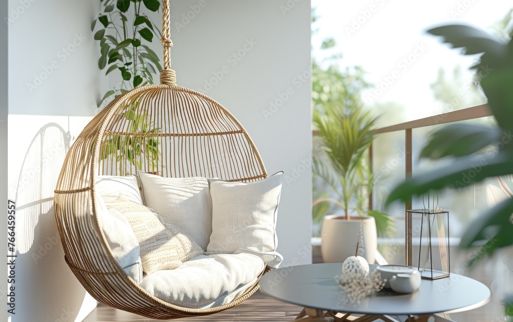 A wicker rattan hanging chair sways gently on a modern balcony, a perfect place to unwind after a long day
