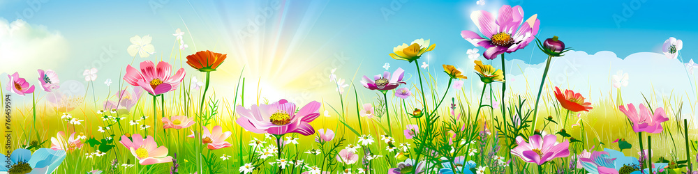 illustration natural colorful summer meadow with many common cosmos under a blue sky