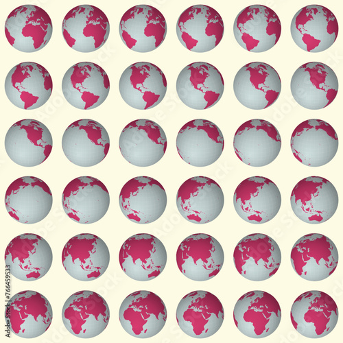 Collection of earth globes. Slanted sphere view. Rotation step 10 degrees. Solid color style. World map with sparse graticule lines on bright background. Beauteous vector illustration.