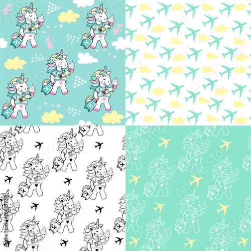 Cute summer collection with unicorn traveler, plane and suitcase seamless pattern. Vector illustration for coloring book for children