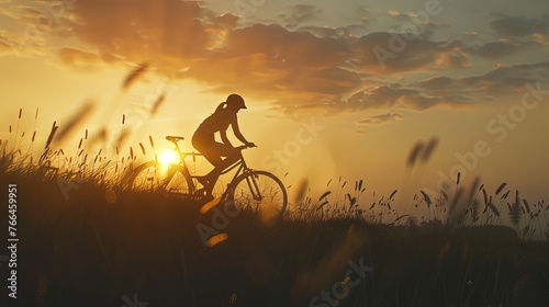 Silhouette of a woman riding a bicycle on the meadow. World Bicycle Day. Blissful moments: Pedaling through nature.