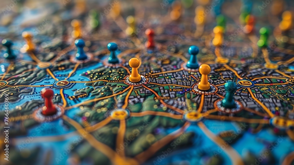 Pushpins placed on a world map creating a network, illustrating a business and logistics concept.